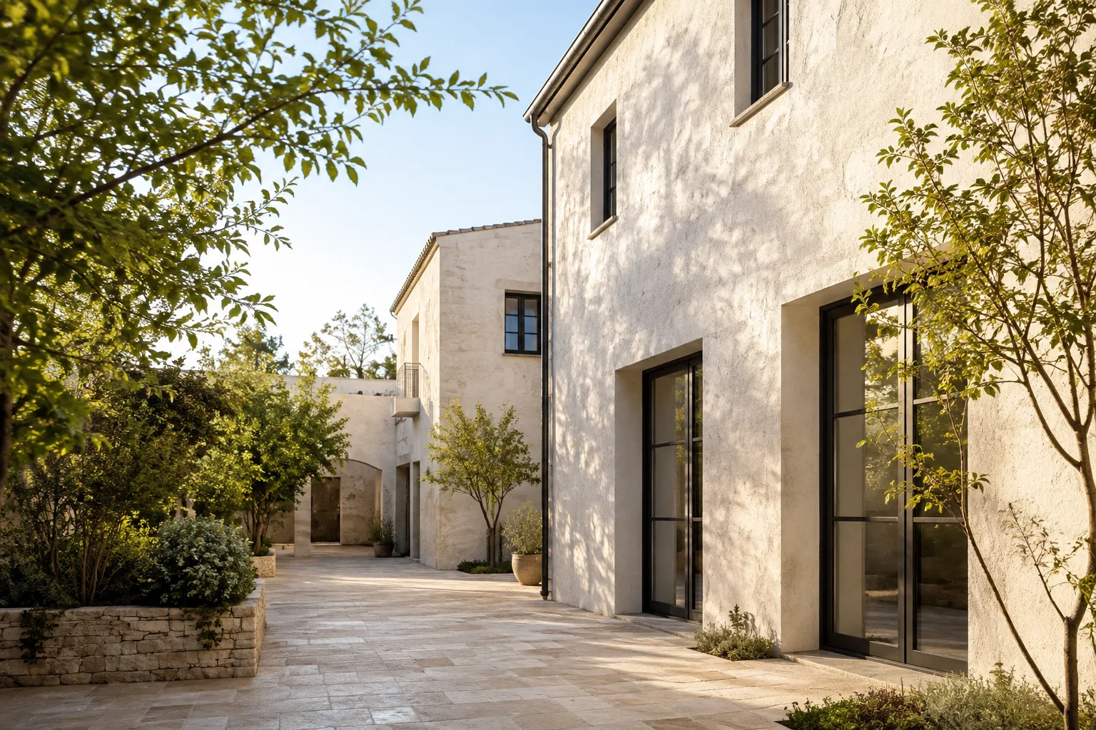 Casa con facciate chiare, finiture curate e cortile in pietra