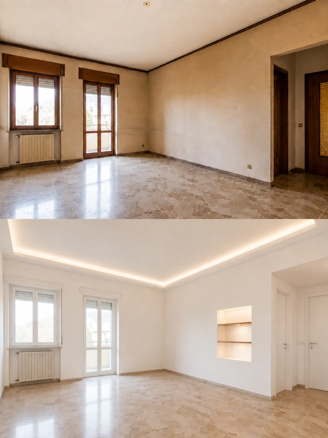 Simulazione dopo: soggiorno con porte e serramenti bianchi moderni, pareti chiare, nicchia e controsoffitto illuminato