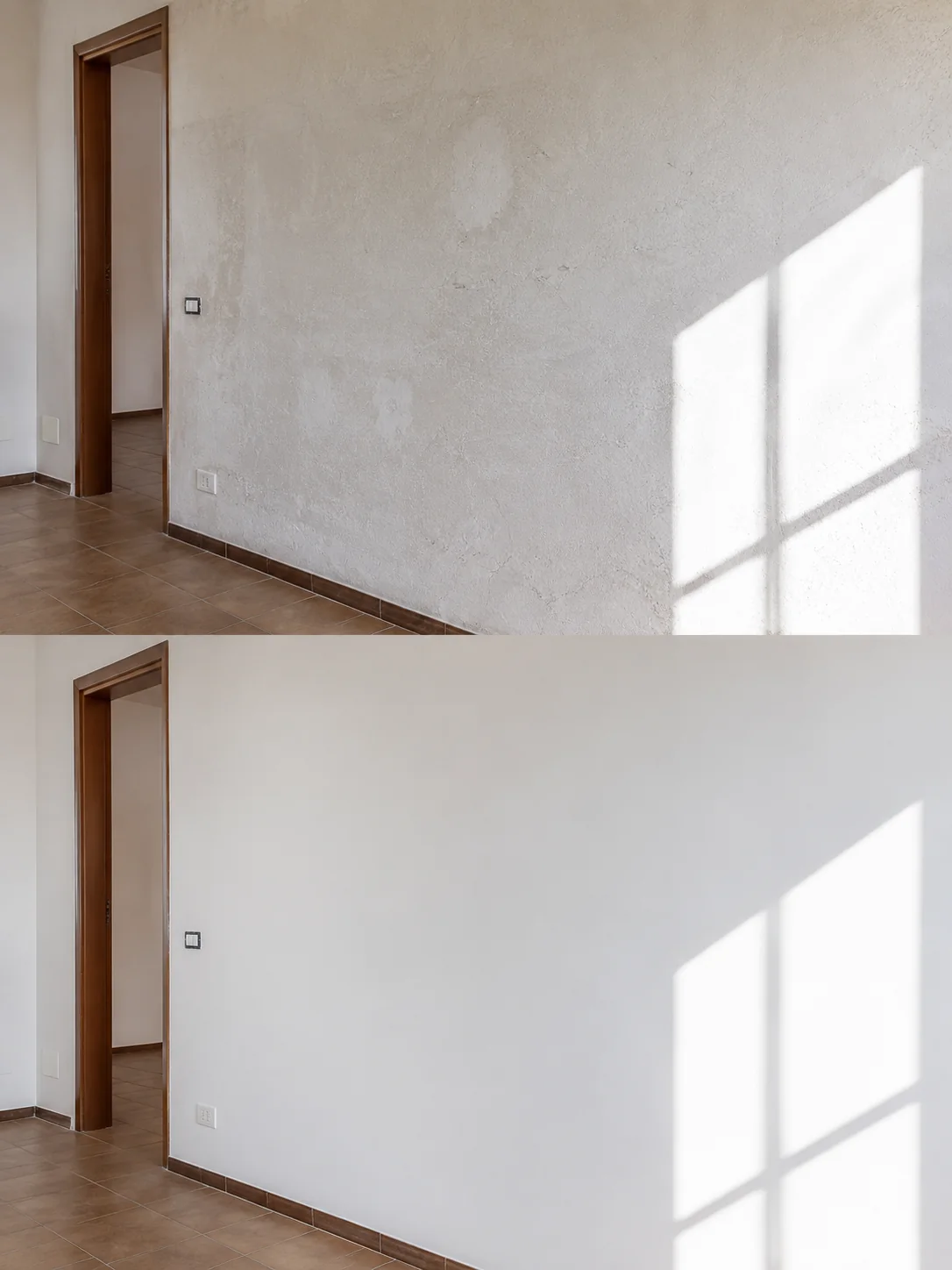 Parete con stuccature e irregolarità visibili alla luce radente
