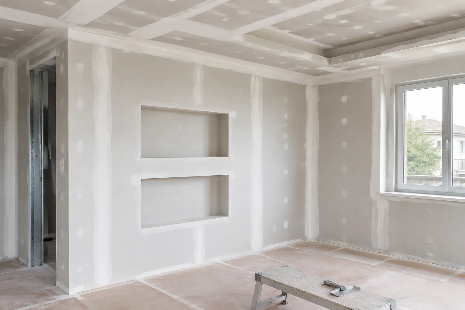 Parete e controsoffitto in cartongesso con nicchie e giunti in finitura